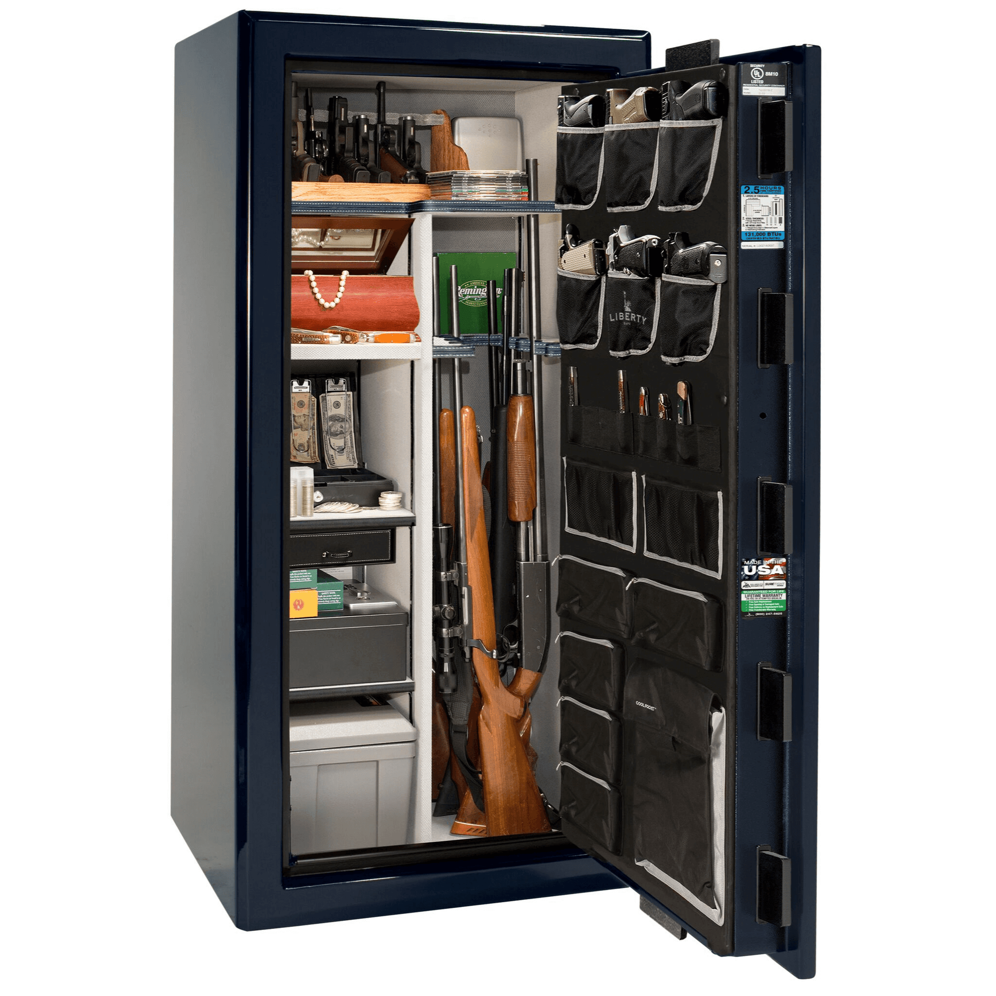 Presidential Series | Level 8 Security | 2.5 Hours Fire Protection | 25 | Dimensions: 60.5"(H) x 30.25"(W) x 28.5"(D) | Blue Gloss Chrome Hardware | Mechanical Lock